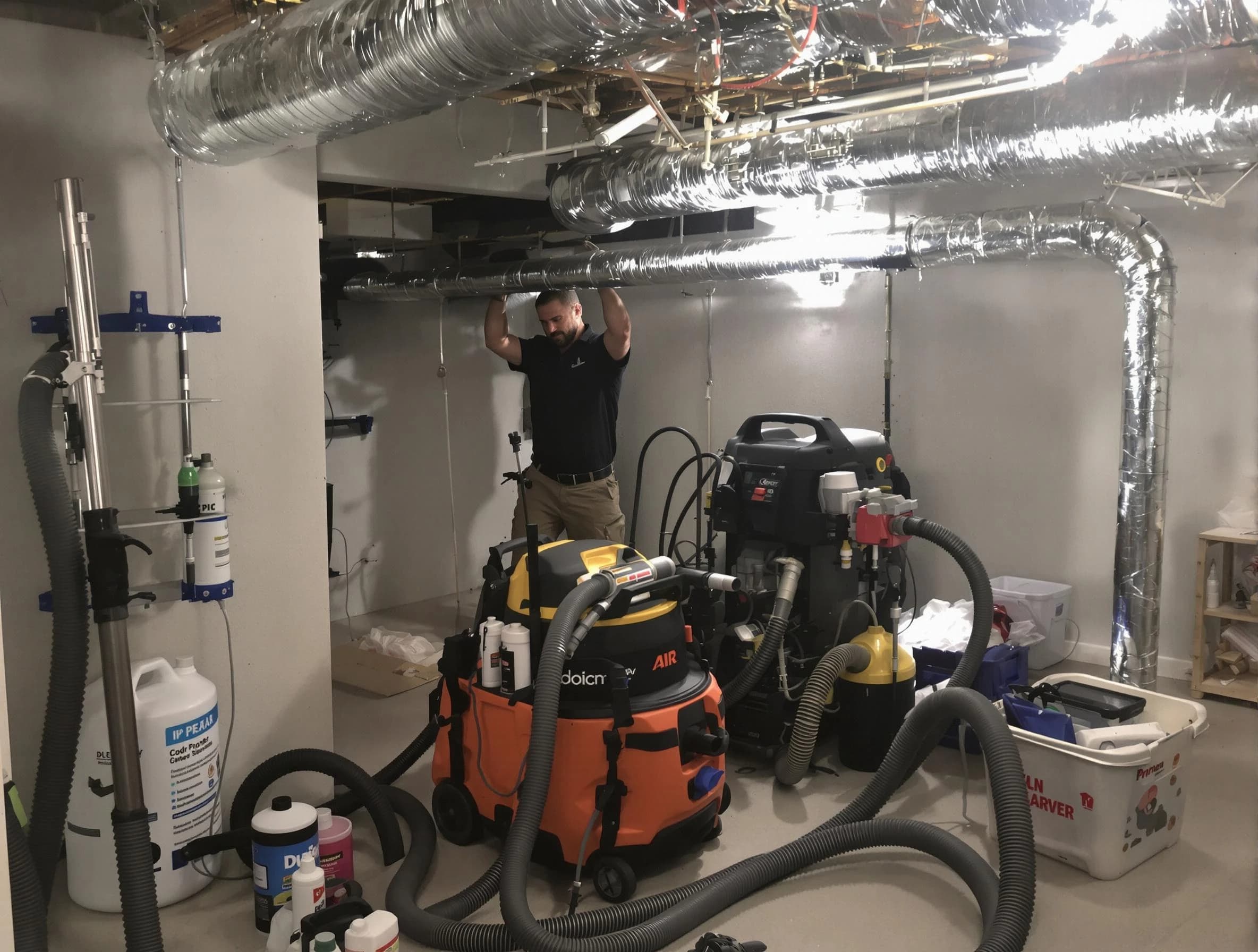 Stockbridge Air Duct Cleaning specialist performing professional mold removal from air ducts using safety equipment in Stockbridge